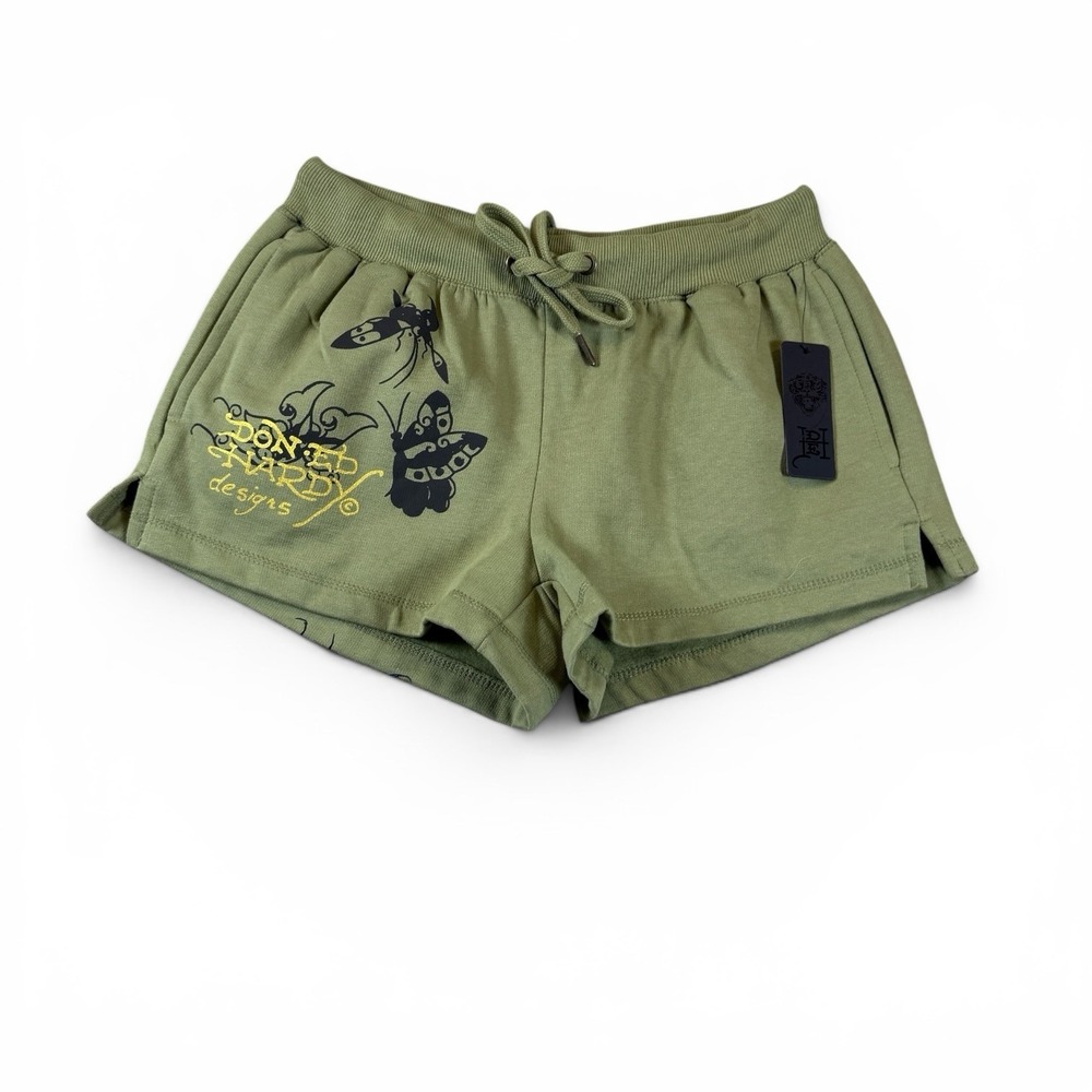 Ed Hardy Women's Size M Olive Green Fleece Butterfly Tattoo Shorts